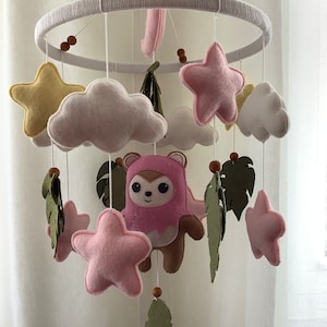 Baby Mobile, Star Wars Nursery Decor, Nursery Decoration Mobile,Felt Crib Mobile, Ewok, Baby Shower Gift Stars Clouds Green Leaves