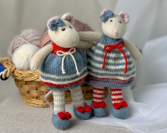 Knitted Mice Dolls Set of Two, Amigurumi Doll, Art Decor, Stuffed Animals, Knitted Decorations, Crochet Gift, Plush Toy Wool Knit Toy Doll