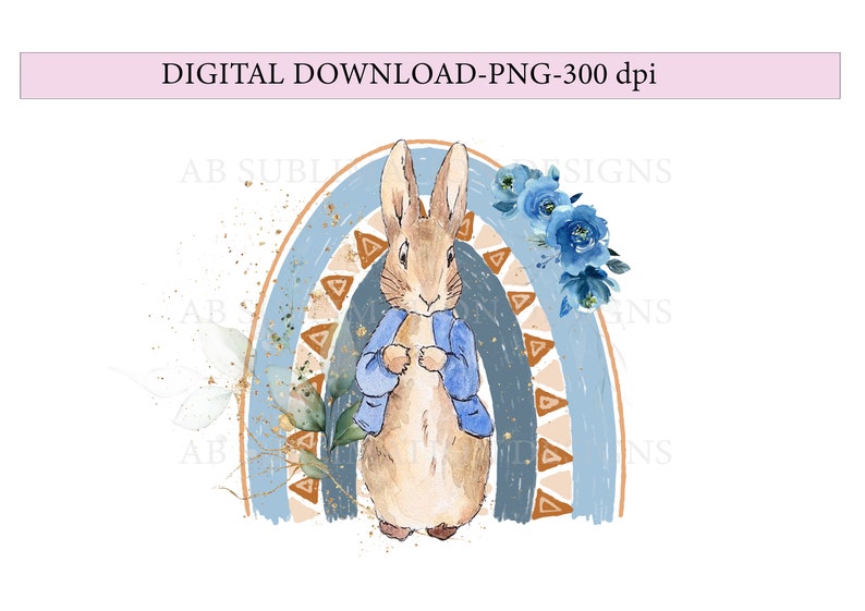 Baby Floral Peter Rabbit Bunny Sublimation Designs Instant Download PNG File Digital Download Birthday Card Design
