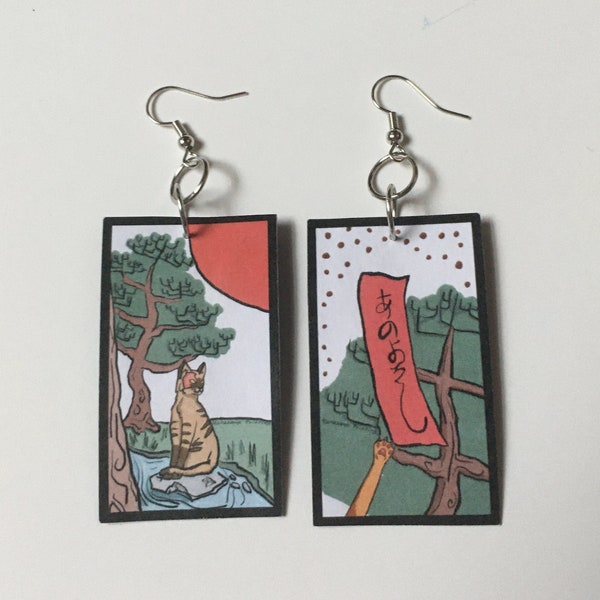 Hanafuda cat earrings | Handmade original design Japanese playing card | January pine design