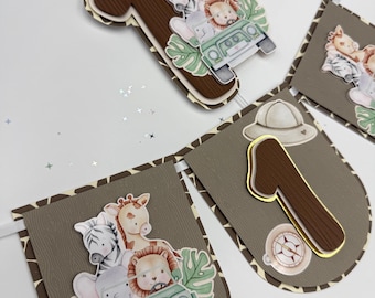 Safari First Birthday Set: Jungle Animals High Chair Banner & Cake Topper