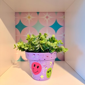 Purple Smiley Face Design Plant Pot, Colourful Terracotta Planter, 11cm
