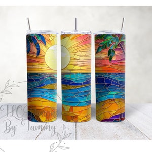 Beach Sunset, Stained Glass Effect, PNG Wrap for Skinny Tumblers, Instant Digital Download