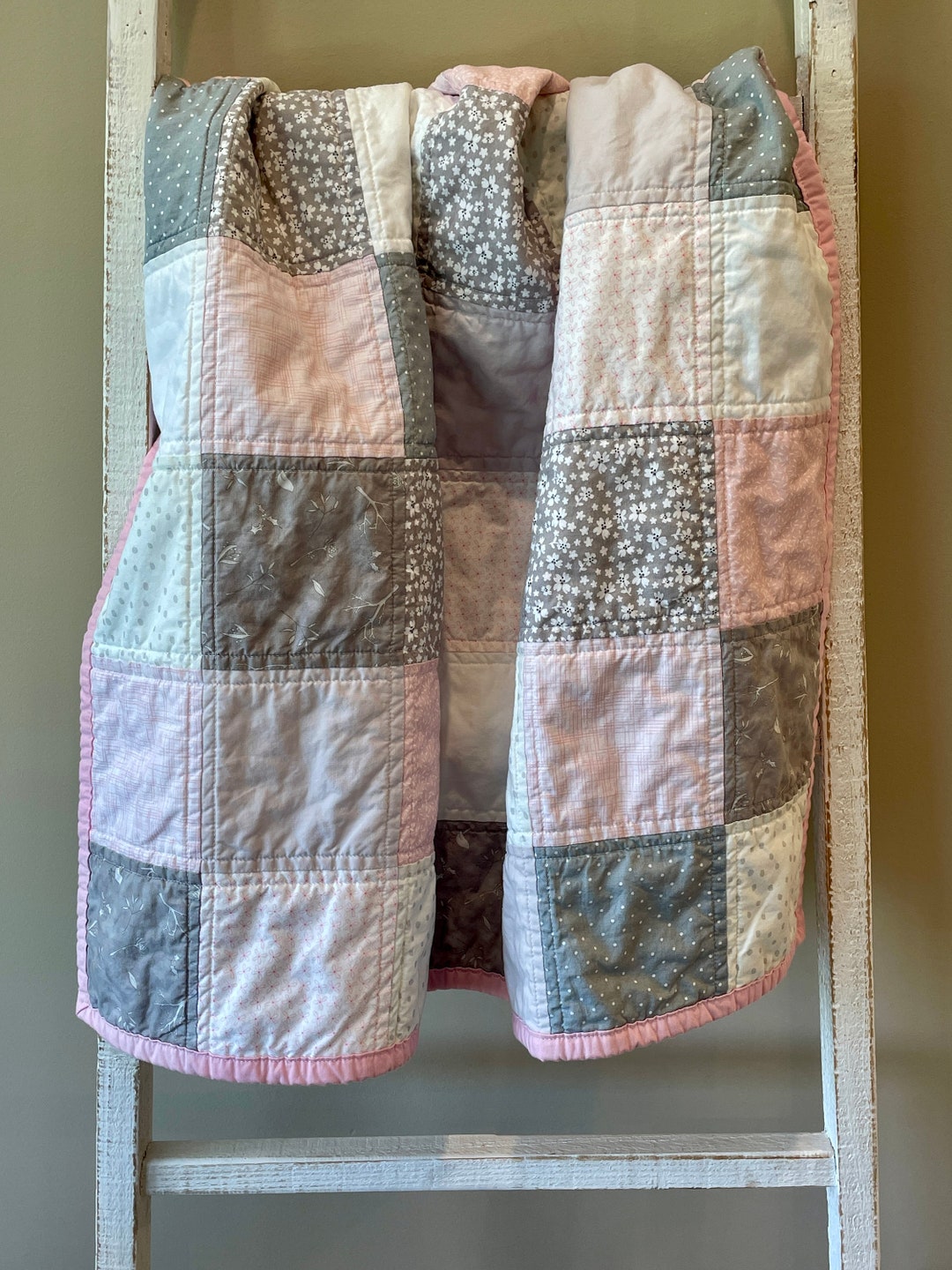 Pink and Gray Baby Girl Quilt, Pink and Gray Flowers, Birds, Dots