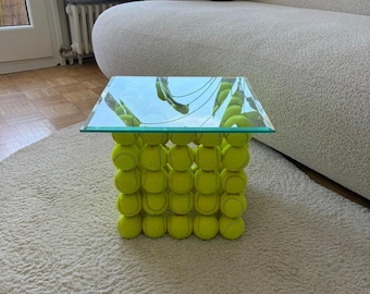 Handmade square upcycled side table made from recycled tennis balls with a square glass top | Sustainable design
