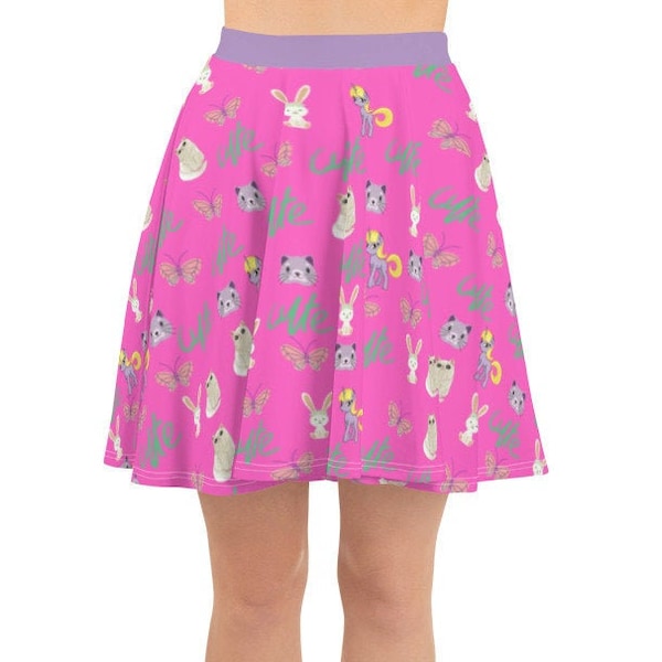 Women’s or Teens Pink and Purple Skater Skirt, Pink Tennis Skirt, Kawaii skater skirt, Cats, unicorns, Pastel Goth, Girly skirtUnique, Rare