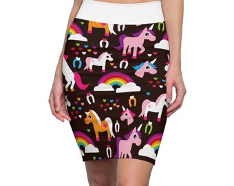 Women’s or Teens Rainbows and Unicorns Skirt, Cute Fitted Pencil Skirt, Kawaii Style