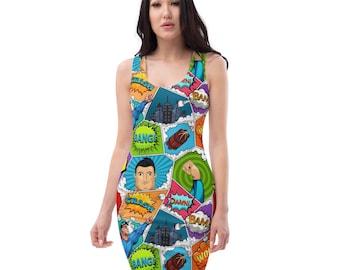 Women’s Designer Pop Art Comic Cartoon Print Street Style Fitted Dress