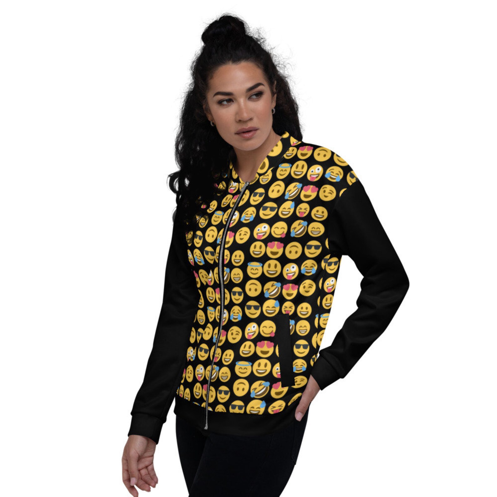 Unisex Emoji Print Bomber Jacket, Smiley Face, Fun, Rare, Unique, Super