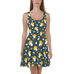 Women’s Mushroom Print Skater Dress, Cute Summer Sundress, Bee print, Ladybug Print, Unique, High Quality