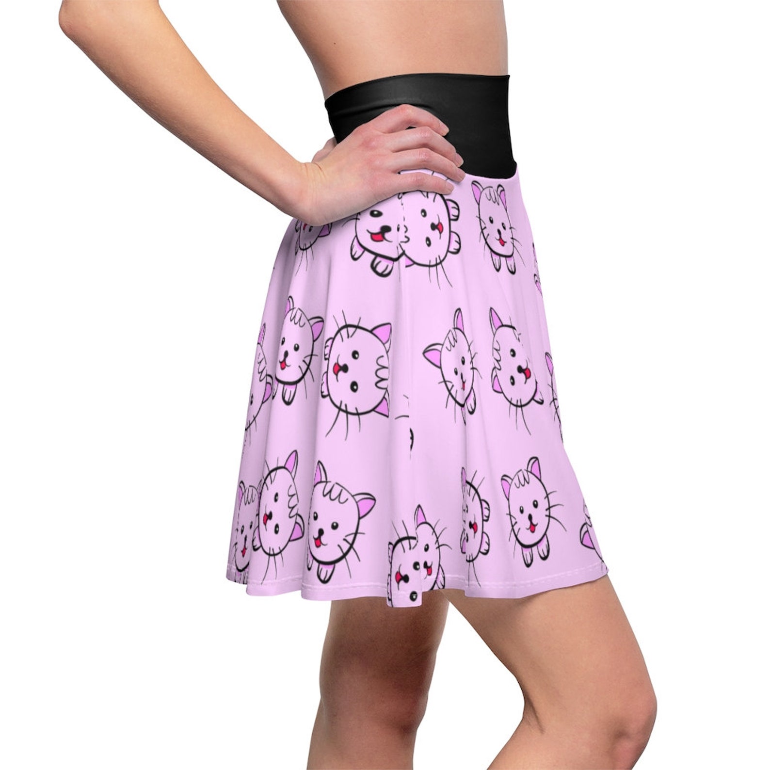 Womens or Teens Kitty Cat Print Skirt, Pink and Black, Kawaii