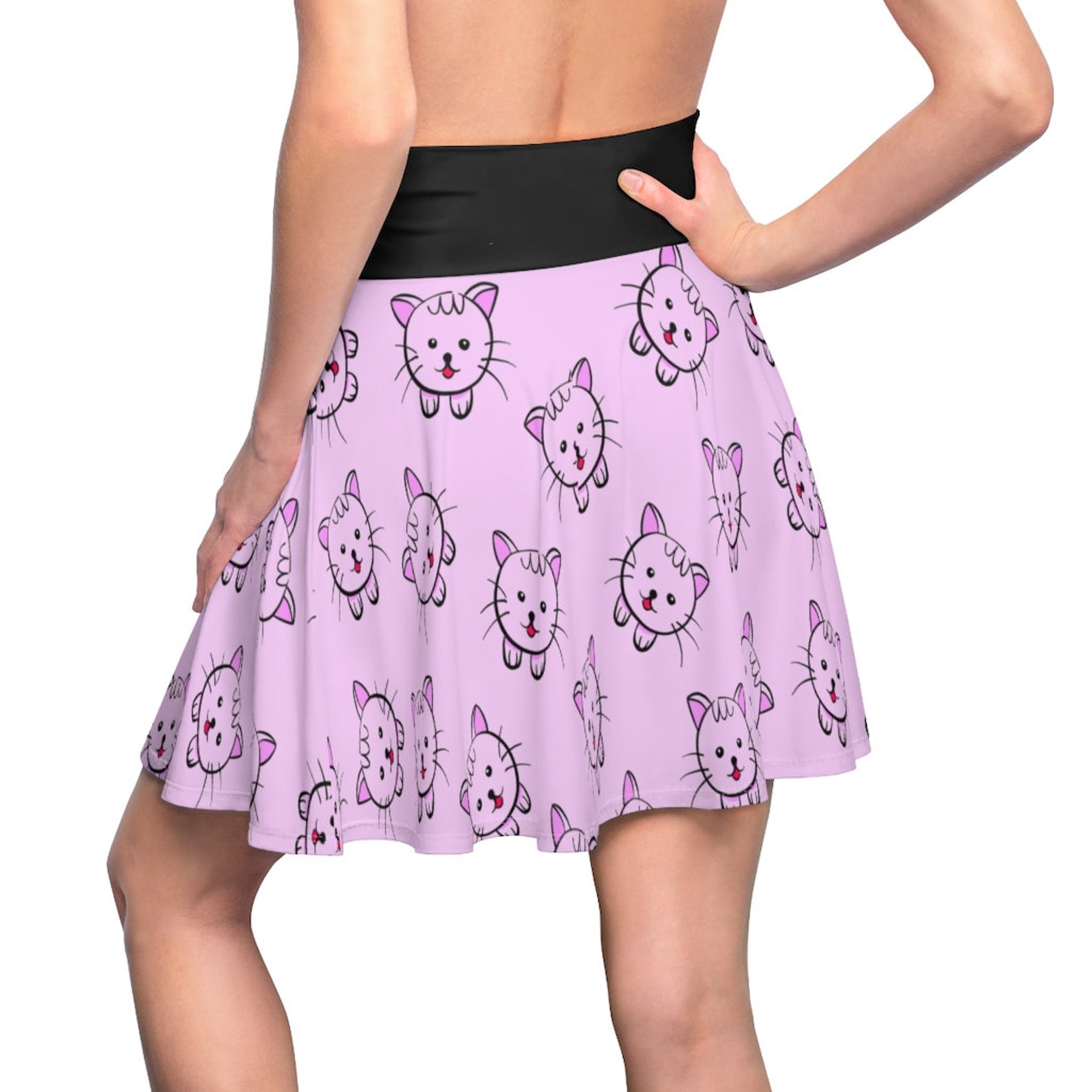 Womens or Teens Kitty Cat Print Skirt, Pink and Black, Kawaii