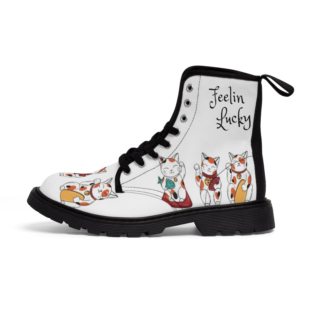 Women's Feelin Lucky, Lucky Cat Canvas Boots, Cute Cat Boots, Kawaii
