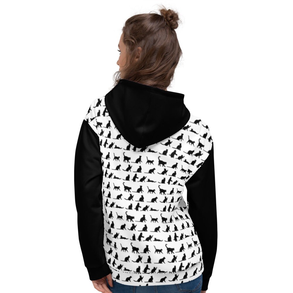 Womens or Teens Black and White Cat Print Comfy Hoodie Etsy UK