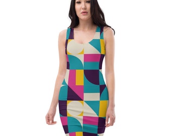 Women’s Mod Geometric Fitted Dress, Jumper, Vintage 60s Style Mod Print