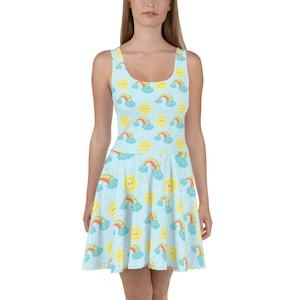 Women’s Sunshine and Rainbows Summer Skater Dress, Cute, Sky Blue, Pretty Spring, Summer Sundress