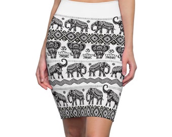 Women’s African Elephant Print Pencil Skirt, Fitted, Exotic, Detailed, Designer, Quality Street Style