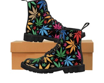 Women's Marijuana Print Canvas Boots, Cannabis Enthusiast, Combat Boots, Motorcycle Boots