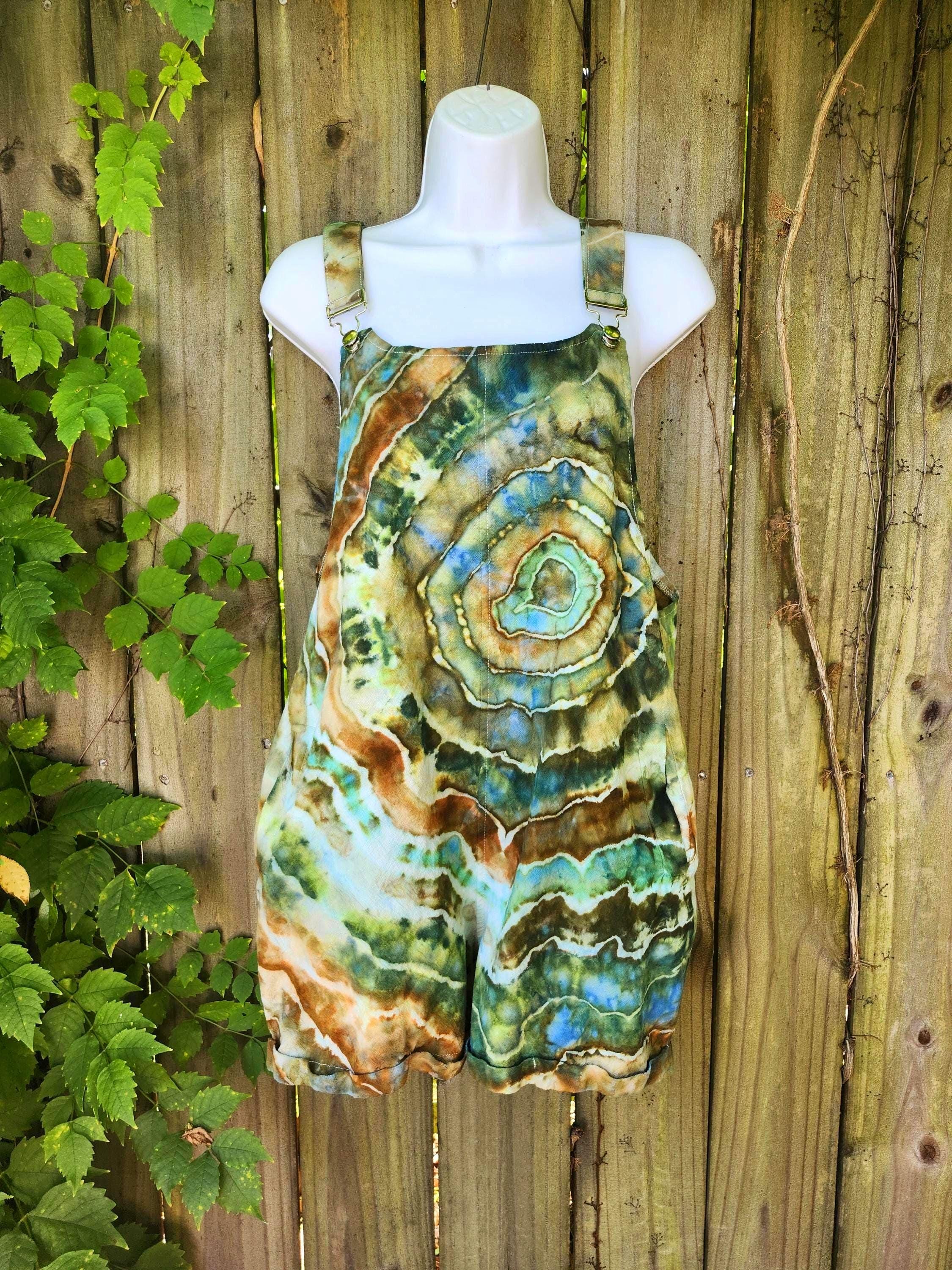 Ice Dyed Tie-Dye Overalls: Green Geode 100% Cotton
