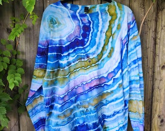 Blue Geode Tie Dye Long Sleeve Shirt: Ice Dyed Cotton Tee