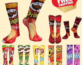 Potato Chips Funny Socks Printed Design Knee High Socks Lays Doritos Pringles Cheetos Fruit Loops Sun Chips Nerds Cotton Long Socks Cool