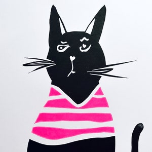 Funny Black Cat Linocut Print – Handmade Wall Art Gift for Cat Lovers – Quirky Feline Decor