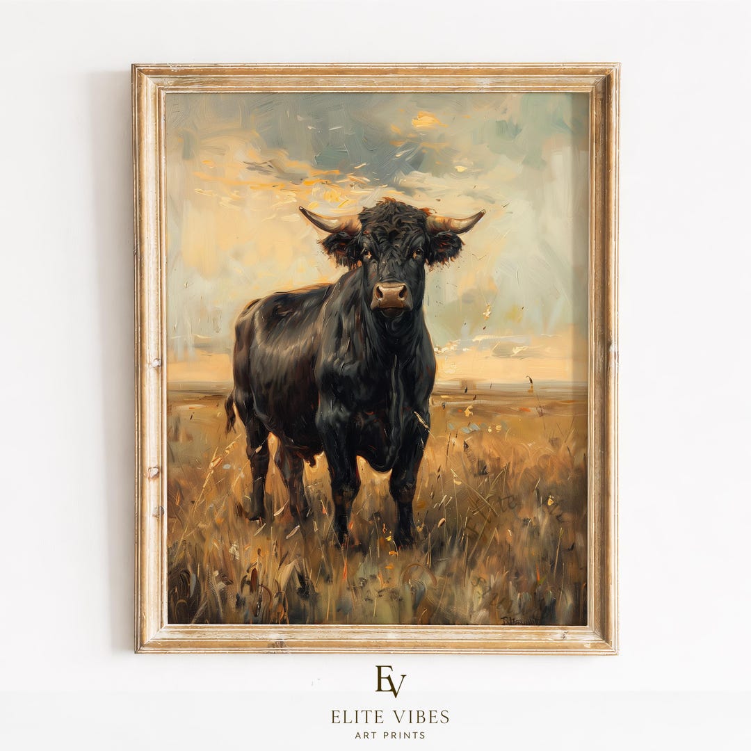 Rustic Bull Black Angus Bull Painting – Rustic Farmhouse Wall Art, Moody Field ...
