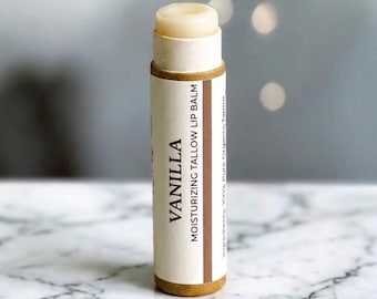 Tallow Lip Balm Vanilla Chapstick Tube Organic Beeswax Moisturizer Shea Butter Bison Skincare Handmade Vitamin E Essential Oil Grass Fed