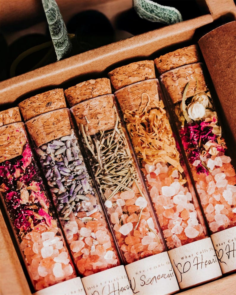 Himalayan Epsom Salt Gift Set Five Pack Spa Sampler Tubes Bath Soak Collection Women Wellness Relaxation Present Box Coworker Appreciation Gift Rose Jasmine Botanical Flowers Spring Holiday Self Care Ritual Stress Relief Home Spa Experience