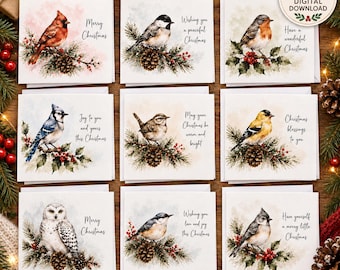 Christmas Bird Card Printable Watercolor Greeting Winter Holiday Art Digital Festive Design Cardinal Nature Download Seasonal Wildlife