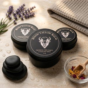 May include: Three black circular containers of Bison Tallow Balm in 1 oz, 2 oz, and 4 oz sizes. Each lid features a white bison illustration and text stating 100% Organic & Grass Fed Tallow. The containers are arranged with black stones and dried petals.