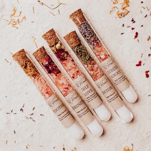 Relaxation Gift Set Women Spa Bath Salt Five Pack Sampler Collection Himalayan Epsom Soak Tubes Coworker Wellness Present Box Rose Jasmine Botanical Flowers Spring Holiday Self Care Ritual Stress Relief Home Spa Experience Luxury Treatment