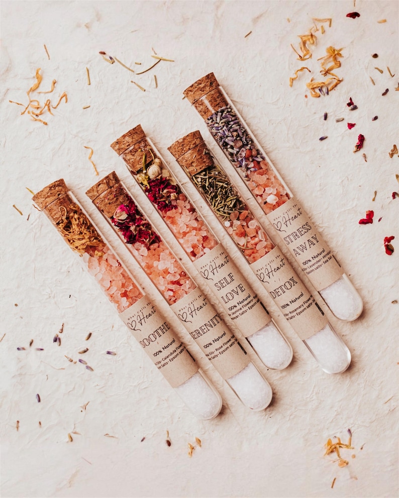 Relaxation Gift Set Women Spa Bath Salt Five Pack Sampler Collection Himalayan Epsom Soak Tubes Coworker Wellness Present Box Rose Jasmine Botanical Flowers Spring Holiday Self Care Ritual Stress Relief Home Spa Experience Luxury Treatment