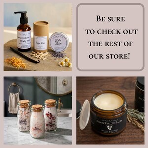 May include: A collection of skincare products including a pump bottle of Marshmallow Body Oil, a cardboard tube of Baby Dust, a tin of Baby Balm, three glass jars of bath salts with cork lids, and a jar of Bison Tallow Balm with a black label.