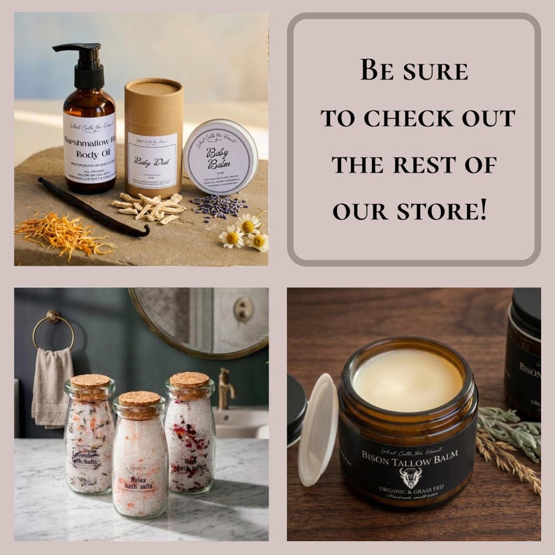 May include: A collection of skincare products including a pump bottle of Marshmallow Body Oil, a cardboard tube of Baby Dust, a tin of Baby Balm, three glass jars of bath salts with cork lids, and a jar of Bison Tallow Balm with a black label.