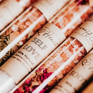 Wellness Present Box Women Self Care Gift Set Five Pack Bath Salt Spa Sampler Tubes Himalayan Epsom Soak Collection Rose Jasmine Botanical Flowers Coworker Appreciation Spring Holiday Relaxation Ritual Stress Relief Home Spa Experience