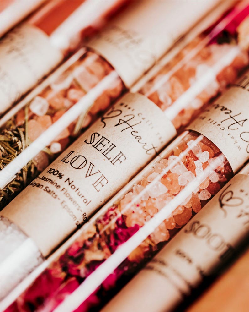 Wellness Present Box Women Self Care Gift Set Five Pack Bath Salt Spa Sampler Tubes Himalayan Epsom Soak Collection Rose Jasmine Botanical Flowers Coworker Appreciation Spring Holiday Relaxation Ritual Stress Relief Home Spa Experience
