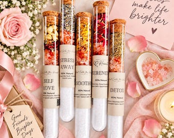 Bestie Gift Bath Salt Set Epsom Himalayan Blend Botanical Soak Sampler Tube Collection Floral Petal Rose Lavender Jasmine Relaxation