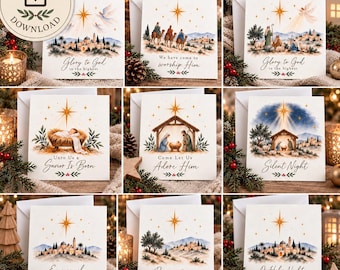 Printable Christmas Cards Sunday School Teachers Gift Nativity Scene Watercolor Design Digital Download Instant Access Religious Holiday