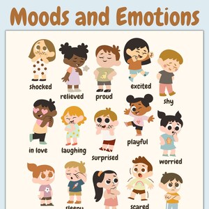 Estados de ánimo, emociones, carteles de aprendizaje de expresiones, imprimibles educativos, decoración de niños de guardería preescolar en el aula, colorido y divertido, Montessori