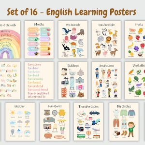 Vocabolario inglese Poster Set di 16, Aula Montessori prescolare, Pastello colorato, Nursery Playroom Decor Wall Art, Learning Printables