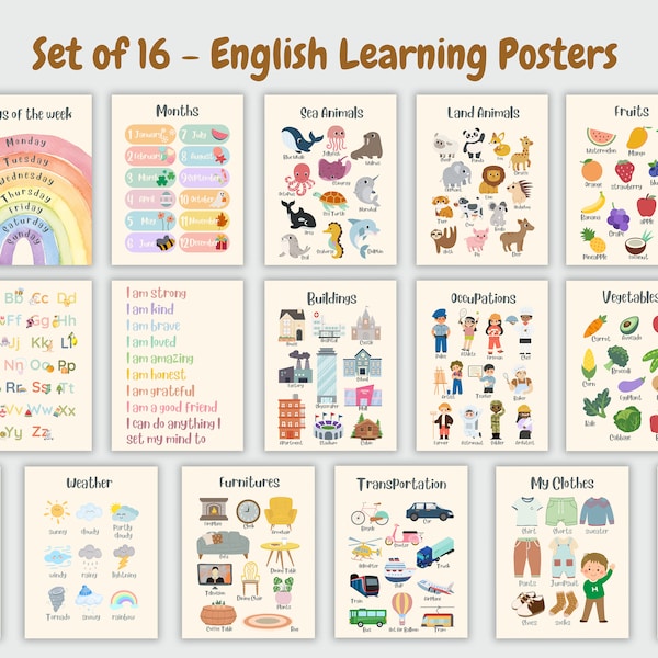 Ensemble de 16 affiches de vocabulaire anglais, classe préscolaire Montessori, pastel coloré, art mural déco salle de jeux pour chambre d'enfant, apprentissage à imprimer