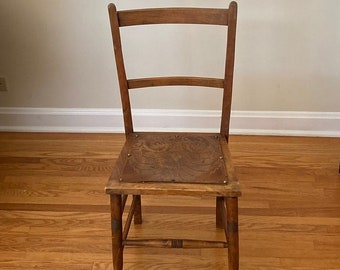 Wood Chair Antique Dining Church Chapel Side Chair Decorative Stamped Motif Wood Seat Ladder Back Rustic Kitchen County Farmhouse Home Decor