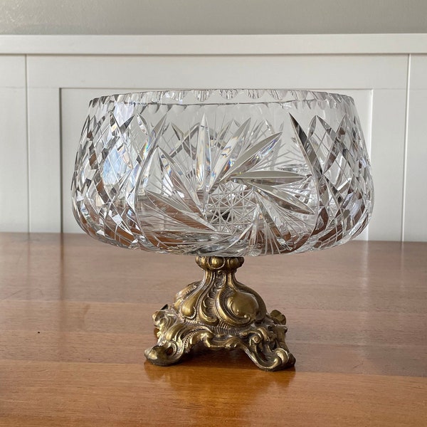 Vintage Crystal Compote Decorative Bowl Heavy 4kg 8lb Ornate Footed Brass Pedestal Hollywood Regency MCM Fruit Candy Centrepiece DisplayDish