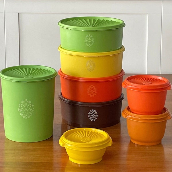 Tupperware Round Servalier Stackable Storage Containers w/Starburst Snap on Lids Vintage Harvest Color Kitchen Pantry Craft Storage Display