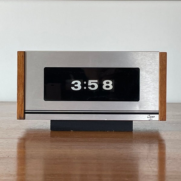 70s Cosmo Japan Digital Clock w/Rolling Numbers Classic MCM Minimalist Wooden Case Sliver Trim Wireless Tabletop Mantle Nightstand Working