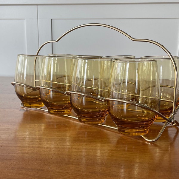 8 Amber Tempo Glasses & Caddy Vintage Libbey Glass Set Gold Tone Metal Atomic Style Caddy MCM Glassware Barware Bar Cart Tableware Gift