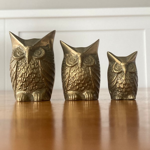 70s Vintage Brass Owl Family Set of Three (3) Brass Figurines Collectible Shelf Desk Display MCM Bird Nature Animal Accent Decor Gift