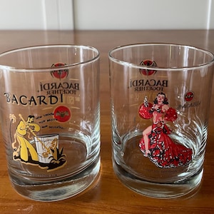 2 Bacardi Rum Glasses Limited Edition Bacardi Together Historical Ads 1/4 & 3/4 Double Old Fashion Whiskey Low Ball Collectible Barware Gift
