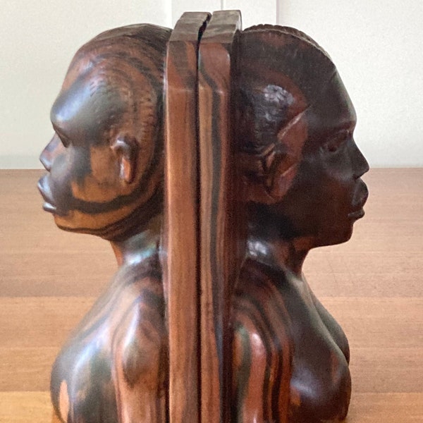Wooden Bookends Hand Carved African Man & Women Bust Heavy Solid Wood  Retro Eco-Frienly Natural Accent Home / Office Decor